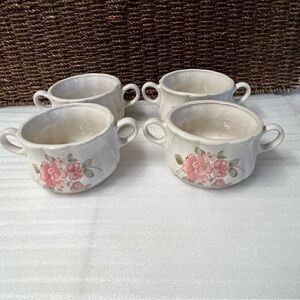 Vintage Gibson Roseland Pink Rose Stoneware Soup Bowls with Handles - Set of 4